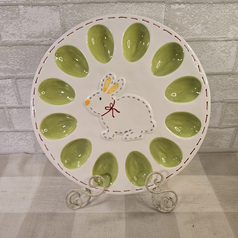 Bunny Rabbit Easter Stitch Large Round Egg Ceramic Serving Dish